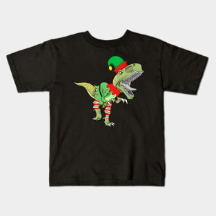 Dinosaur In Elf Costume Christmas Kids T-Shirt